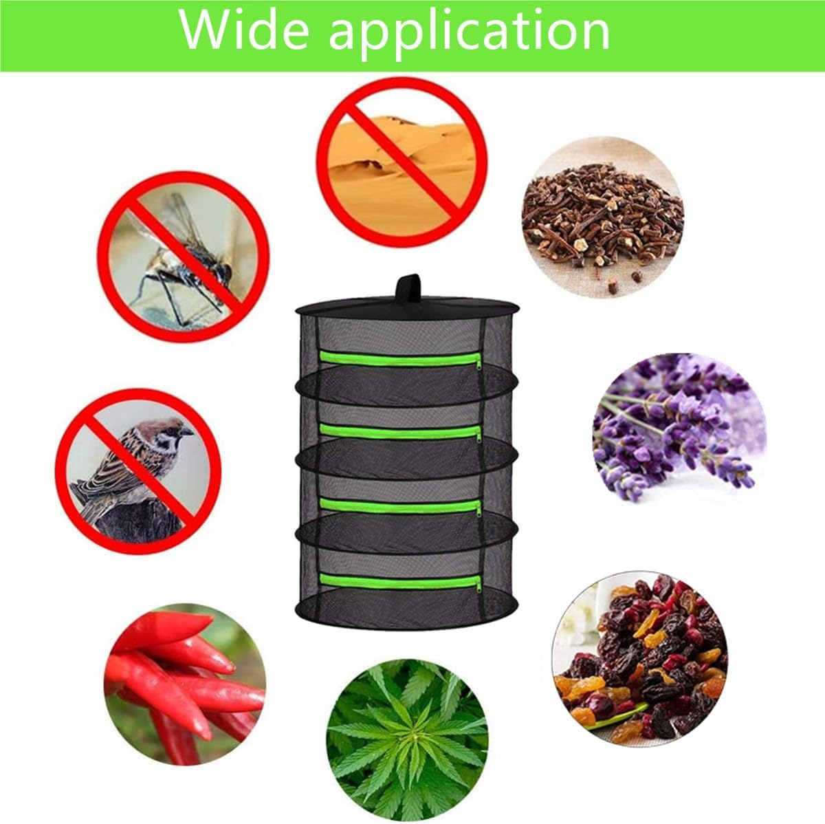 4 Layer Herb Drying Rack,Hanging Plant Drying Net with Green Zippers,Foldable Mesh Rack,For Drying Flowers,Vegetables, Herb,Garden(24X24X31.5Inch) image number 2