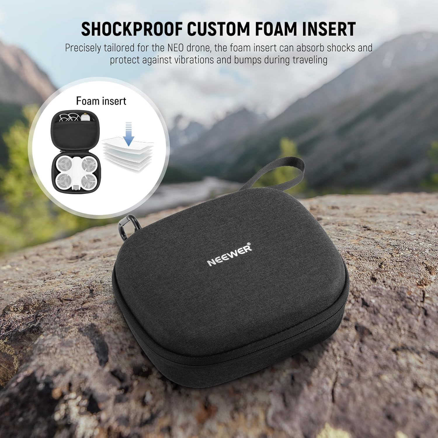 NEEWER Storage Case for NEO Drone, Splashproof Nylon Hard Travel Carrying Bag with Shockproof Foam Insert Mesh Pocket Carabiner Compatible with DJI NEO, Not for RC-N3 Remote, PB9 image number 3