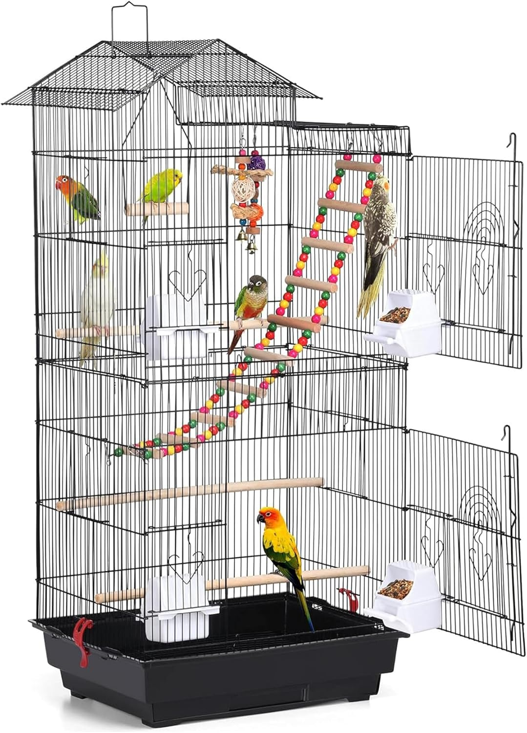 Metal Bird Cage, Large Flight Bird Cages for Conure Parakeet, Quaker Parrot, Cockatiel, Lovebird, Pigeon with Roof Top, Black 45 * 35 * 100Cm image number 1