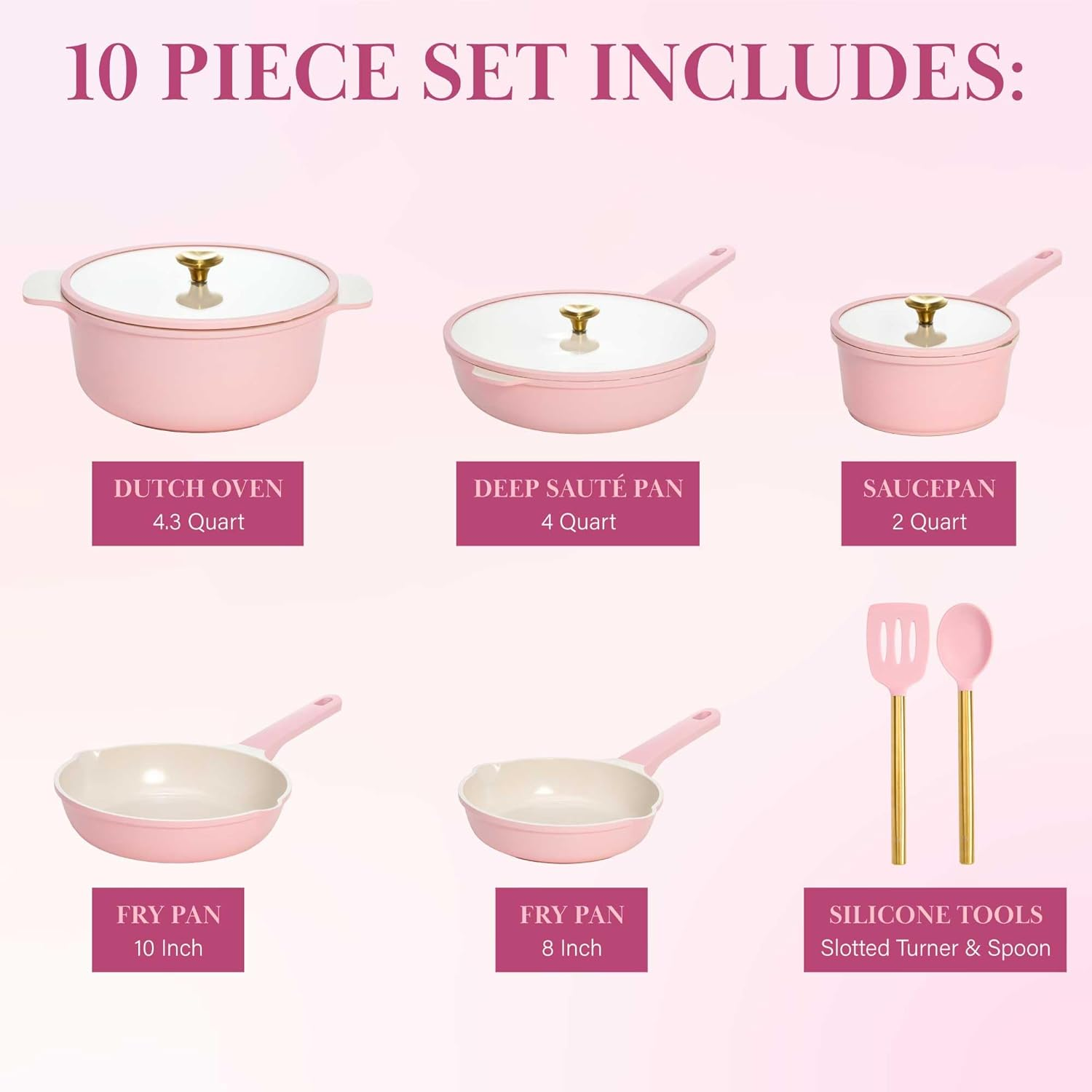 Paris Hilton Ceramic Nonstick Cookware Set, Cast Aluminum with Dual Layer Nonstick Coating, Gold Heart Knobs, Stay-Cool Handles, Made without PFAS, PFOA, PFOS & PTFE, Dishwasher Safe, 10-Piece, Pink image number 3
