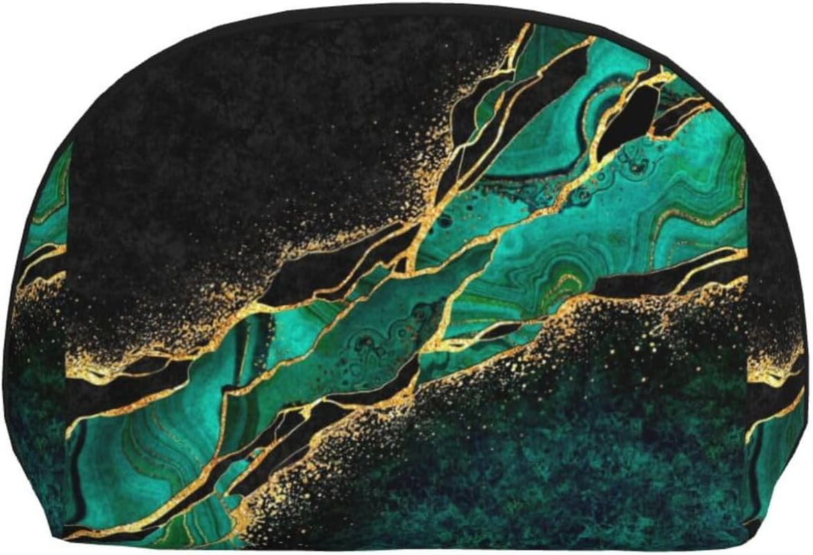 Cozimangoe Coin Pouch Makeup Bags Set, 2 Piece Shell Shape Cosmetic Bag with Pockets for Daily Travel Handbag Lipstick Keys Toiletry, Personalized Black Teal Marble & Malachite with Veins Gold Spots