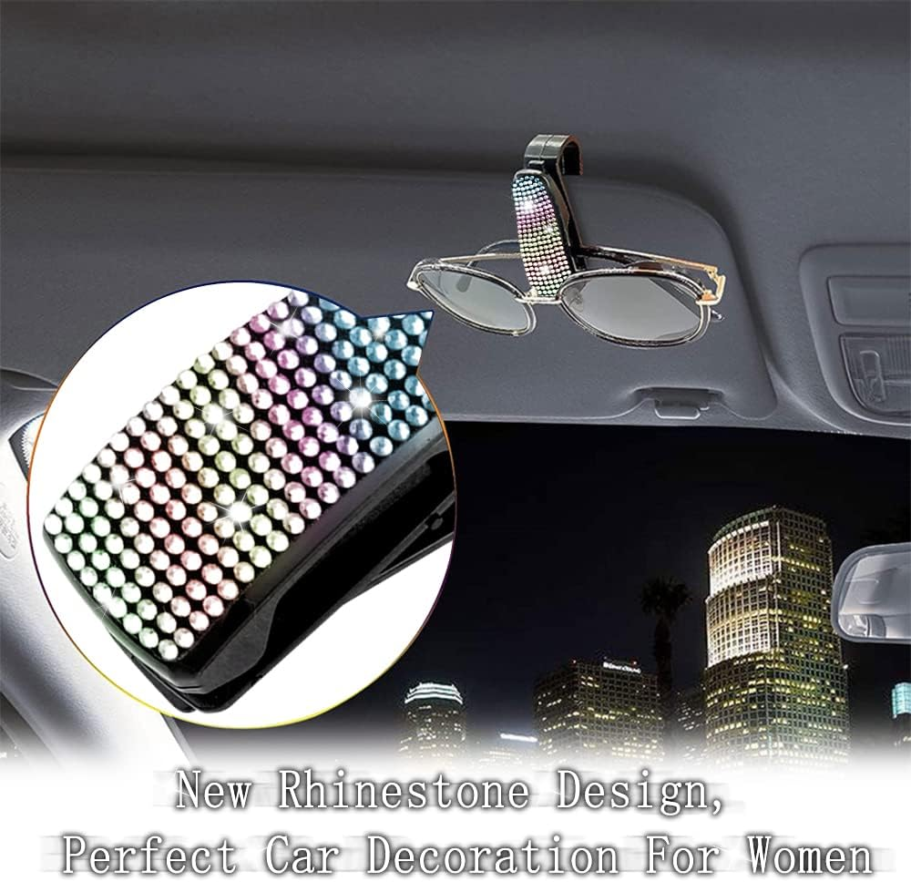 Turcee Set of 2 Bling Rhinestone Car Sun Visor Glasses Holders with Anti-Scratch Sponge,Car Decoration for Women Girls,Ticket Card Clip Visor Organizer,Universal Rhinestone Car Accessories (Colorful) - Colorful image number 6