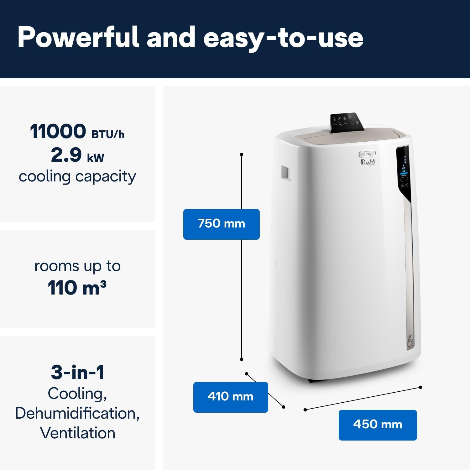 De'Longhi Pinguino Care4Me PACEL112CSTWIFI, Portable Air Conditioner 2.9 Kw, Myecorealfeel Technology, Natural Gas R290, Energy Class A+, Dehumidification 41L/24H, App and Voice Control, White image number 2