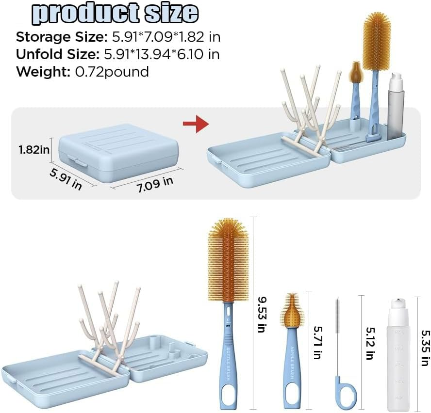 WADY Baby Bottle Brush Kit - Stable Bottle Cleaning Kit Easy to Use Baby Bottle Cleaning Tool Portable Traveling Bottle Cleaner Kit Versatile Baby Bottle Cleaner Brush Set for Babies (Blue) - Green image number 4