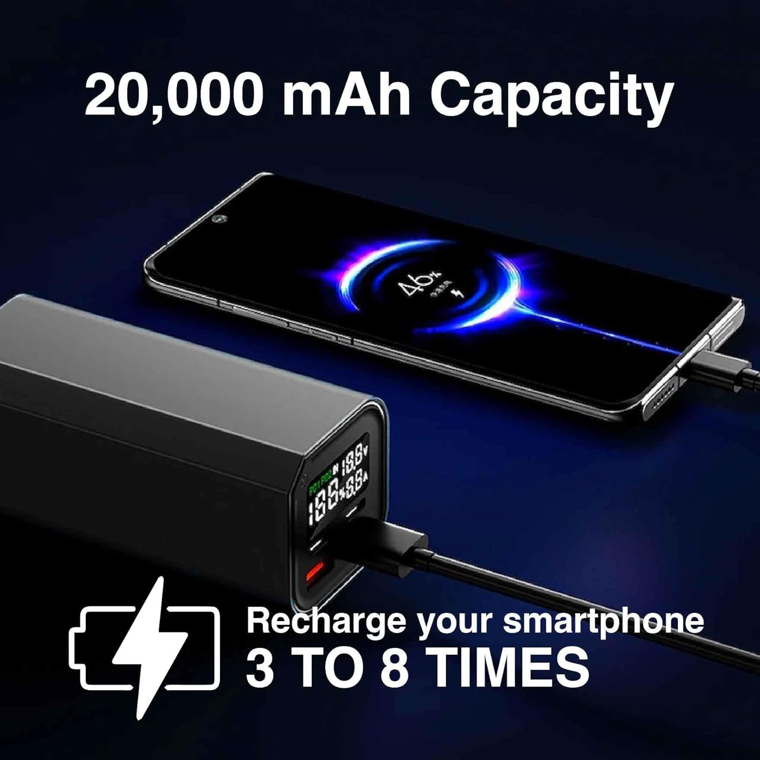 Laser 20000Mah Laptop Powerbank with 100W Power Delivery, 4 Ports (2 USB-A, 2 USB-C), Fast Charging, LED Display, Portable, Safe and Reliable Charging for Laptops, Smartphones, Tablets - Black