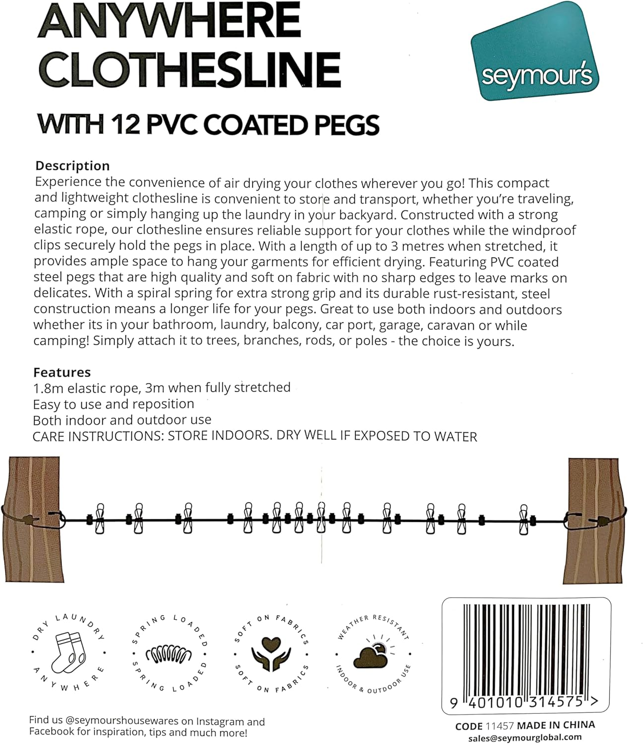 Seymour'S Anywhere Clothesline - Adjustable 1.8M-3M, Portable Indoor/Outdoor Laundry Drying Rack with 12 Pvc-Coated Metal Pegs, Compact & Durable for Travel, Camping, Balcony and Small Spaces image number 6
