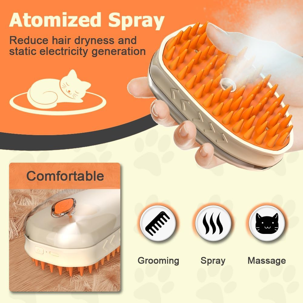Cat Steam Brush, 3-In-1 Antistatic Steamy Cat Brush, Cat Massage Brush, Grooming Brush with Light for Fighting Cat Lichen for Cats, Dogs, Rabbits, Massage, Self-Cleaning image number 4