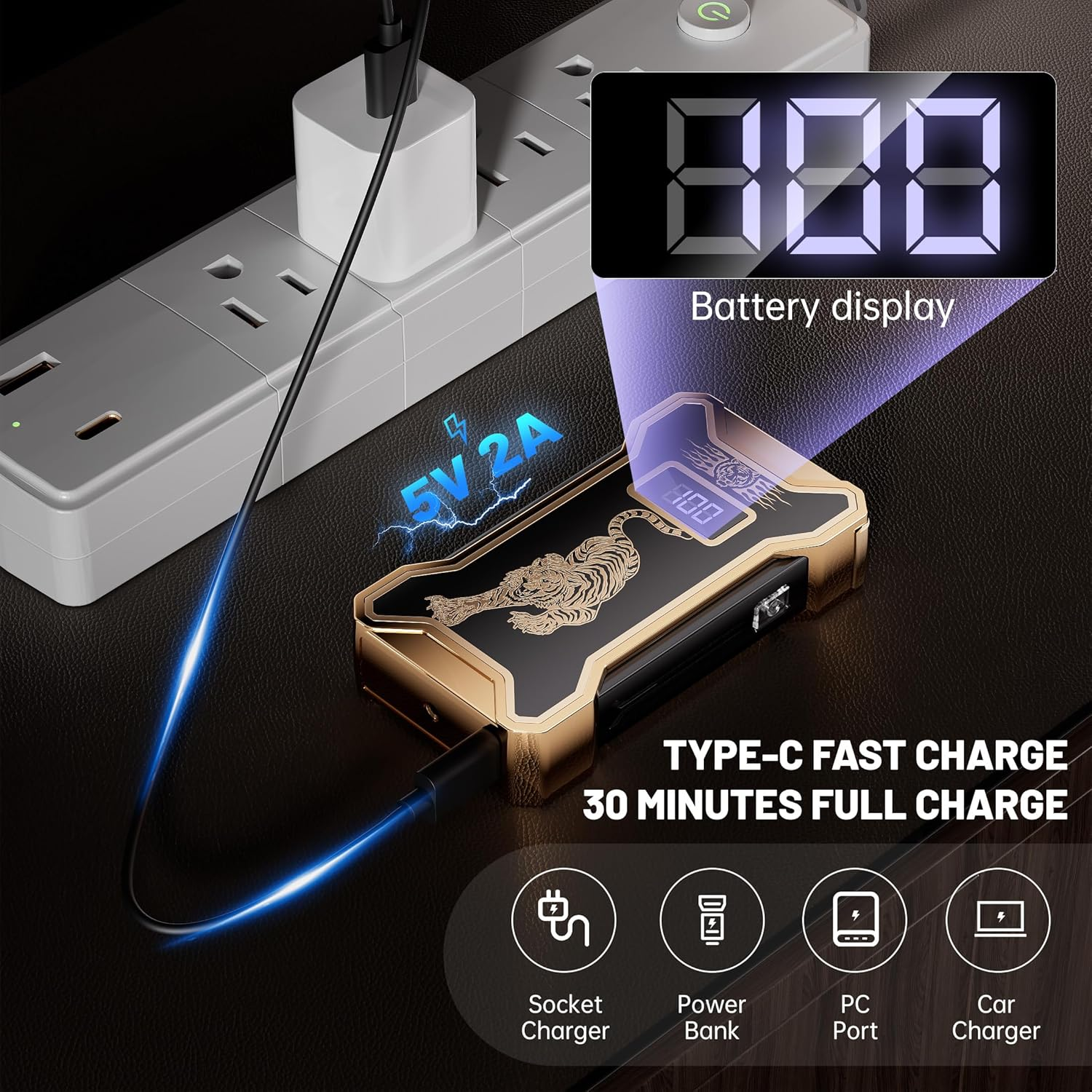 Cool Gifts Electric Lighter for Men Dad Him Digital Counter Bettary Display Windproof Flameless Plasma USB Rechargeable Arc Birthday Gifts for Men, Boyfriend, Husband (Tiger) image number 5