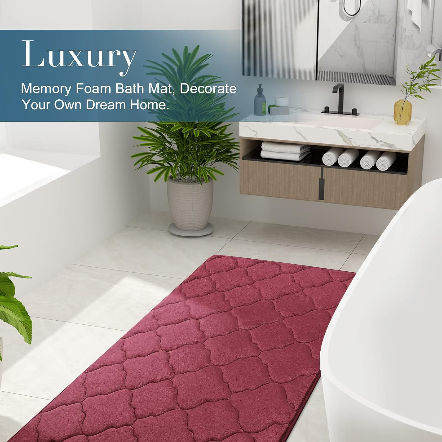OLANLY Memory Foam Bath Mat Rug, Ultra Soft Non Slip and Absorbent Bathroom Rug, Machine Wash Dry, Comfortable, Thick Bath Rug Carpet for Bathroom Floor, Tub and Shower, 17X24, Burgundy