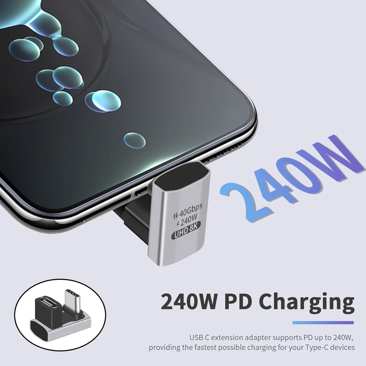 Duttek USB C U Adapter (2 Pack) USB C 180 Degree Adapter Support 40Gbps Data Transfer, 240W Charging and 8K Video, USB C Angle Adapter Compatible for Thunderbolt 4/3, Switch, Macbook, Laptop, Tablet - 240W Vertical 90 Degree image number 2