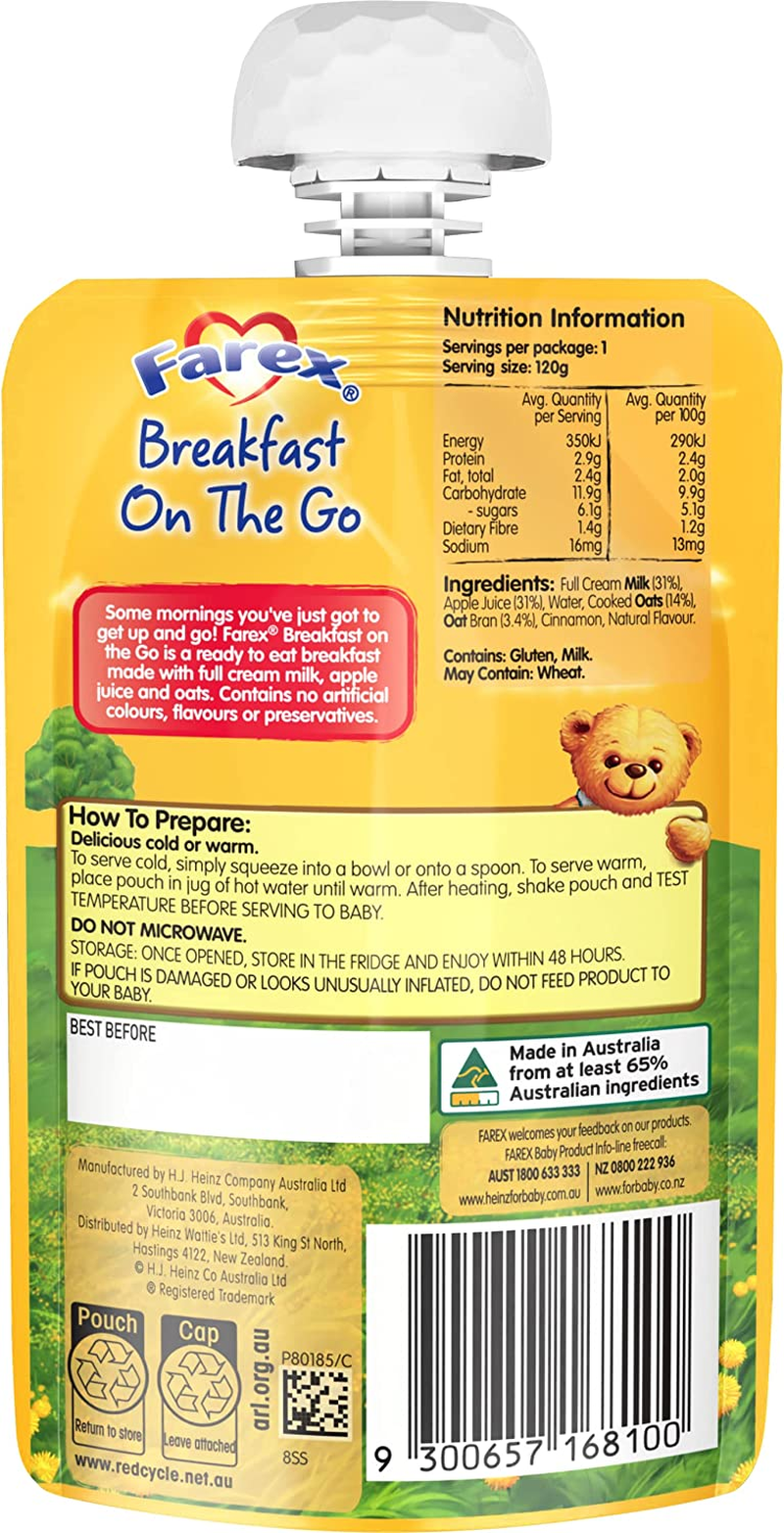 Farex 6+ Months Creamy Baby Porridge Breakfast on the Go Baby Food Pouch No Artificial Flavours, No Preservatives, No Added Colours, No Added Sugars 120G (Pack of 6) image number 5