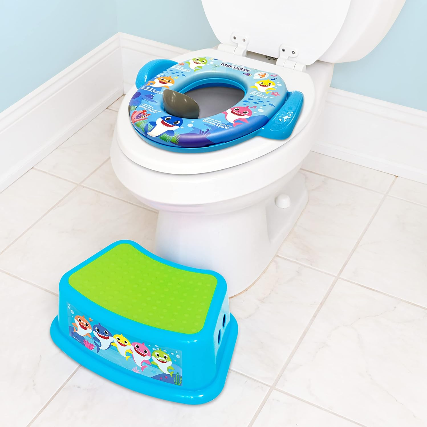 Pinkfong Baby Shark 2 Piece Essential Potty Training Set - Soft Toddler Toilet Seat, Step Stool image number 1