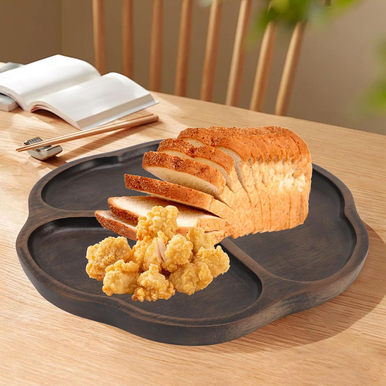 Wooden Chip and Dip Tray, Easy to Cleanup Elegant Home Decor Sectioned Ebony Serving Platter for Appetizers Snacks and Veggies(10.2In) (Style 1) image number 2