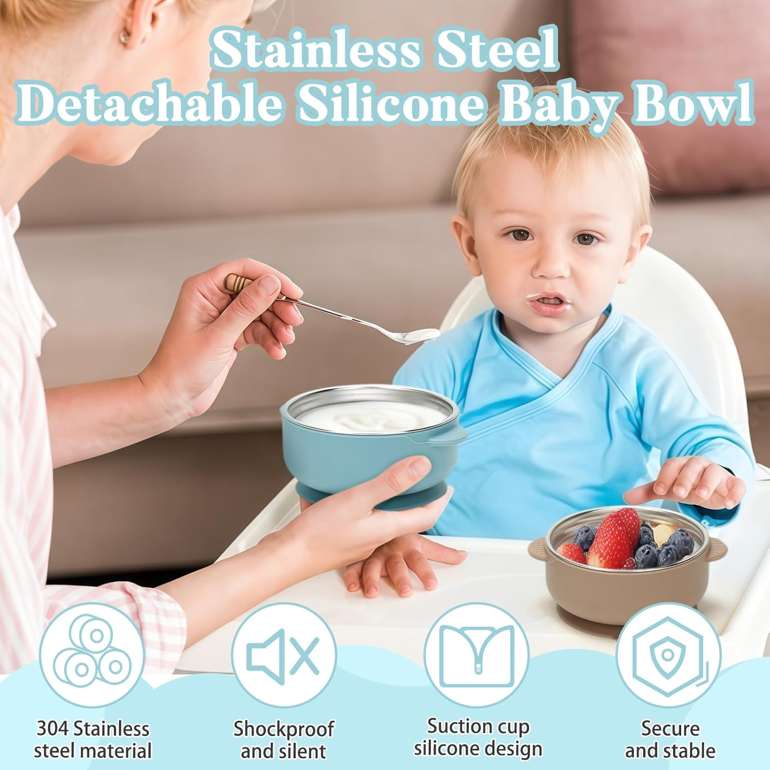 MR.TIMELAG Stainless Steel Baby Silicone Bowls - Double Ear Bowl Four Pack - Unbreakable, Non-Slip and Removable Silicone Base, anti Scald Food Container for Baby Food Feeding image number 1