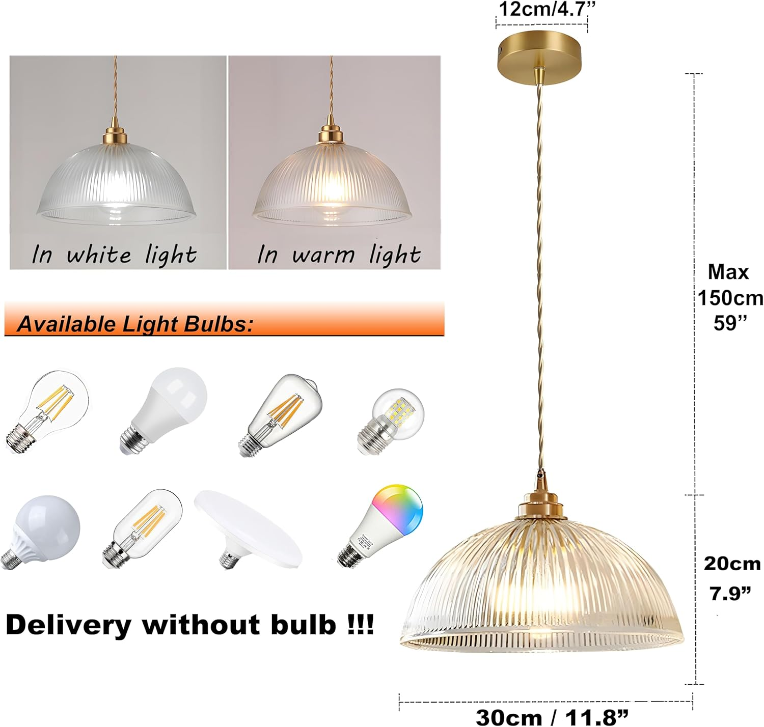 Hjxdtech Industrial Vintage Glass Dome Pendant Light with Copper Brass E27 Lamp Socket Ceiling Light Pendant Lamp Loft Chandelier (30 Cm) image number 2