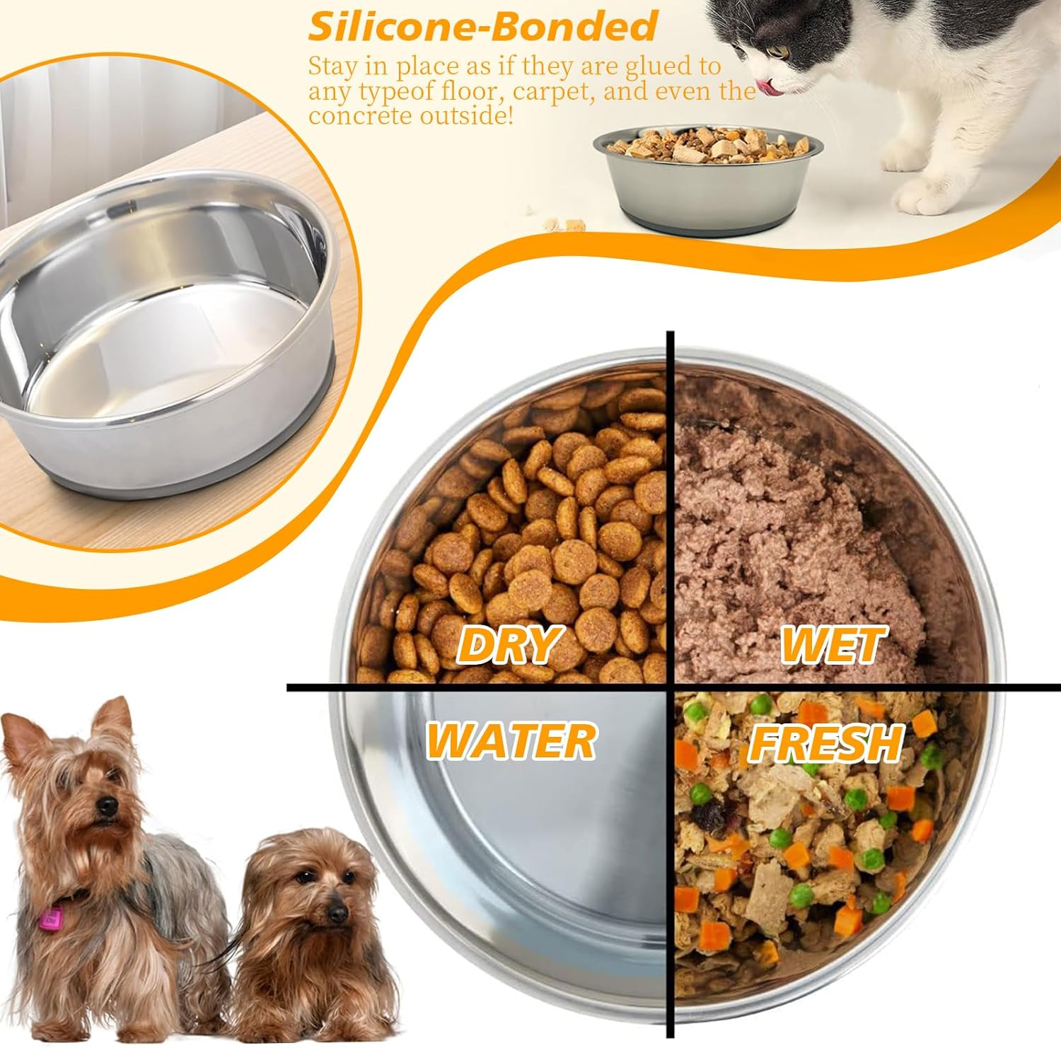 2 Pack Stainless Steel Dog Bowl Food Grade Metal Pet Bowls with Non-Slip Base, Rustproof & Chew-Proof Dog Bowl for Small/Medium Dogs, Dishwasher Safe Indoor/Outdoor Feeding Bowls Grey (14CM) image number 1