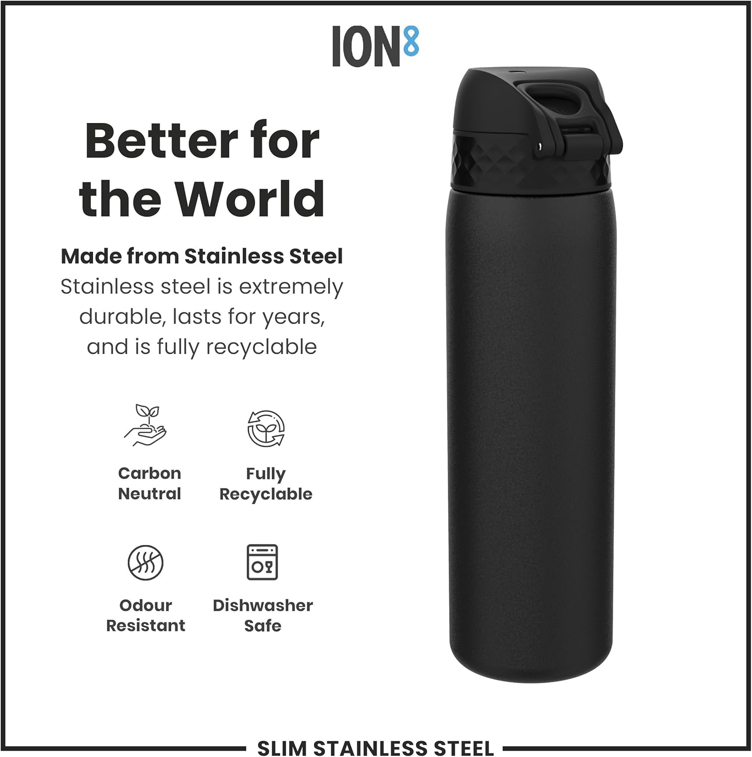 Ion8 Steel Water Bottle, 600 Ml/20 Oz, Leak Proof, Easy to Open, Secure Lock, Hygienic Flip Cover, Fits Cup Holders, Carry Handle, Durable, Carbon Neutral image number 4
