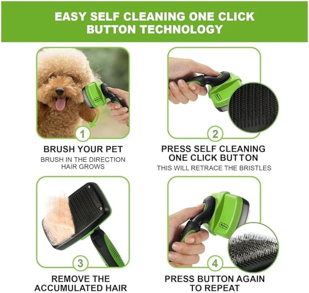 Large Self-Cleaning Slicker Brush - Premium Shedding & Grooming Tool for Pets, Removes Loose Hair, Fur, Undercoat, Mats, Tangles, and Knots for Small, Medium, Large, and Sensitive Long/Short-Haired Dogs, Cats, and Rabbits. Enjoy an Easy At-Home Grooming Experience in Green and Blue. (Green) image number 4