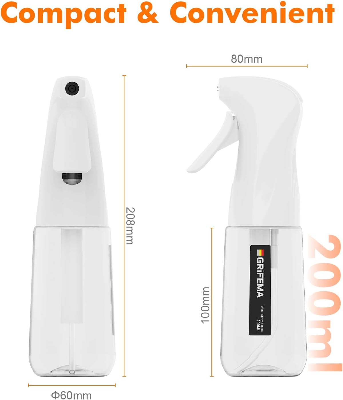 GRIFEMA White Water Sprayer 200 Ml - Refillable Spray Bottle Made of Bpa-Free Plastic with Fine Spray - for Hair, Plants, Cleaning - Ergonomic and Leak-Proof Design, GE2003W-200 - White image number 2