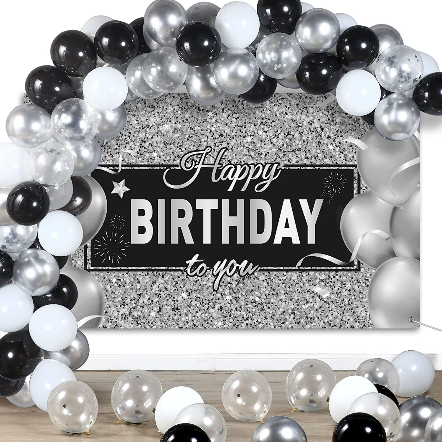 Silver Happy Birthday Banner Backdrop Silver Birthday Party Decorations Black White Balloons Happy Birthday Background Photo Photography Banner for Men Women Birthday Supplies, 72.8 X 43.3 Inch image number 6