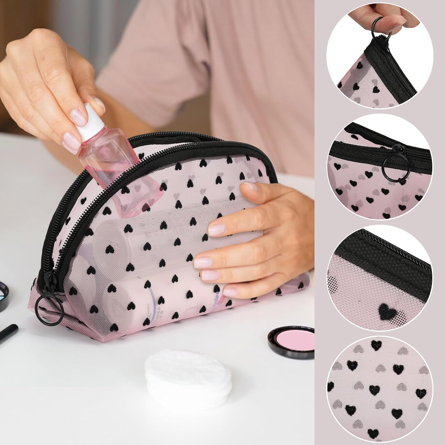 FYY 4 PCS Mesh Cosmetic Bag with Zipper, Clear Makeup Bag Set Mesh Zipper Pouch Bags Toiletry Bag for Women Travel Accessories (Multi-Size, Pink) image number 6