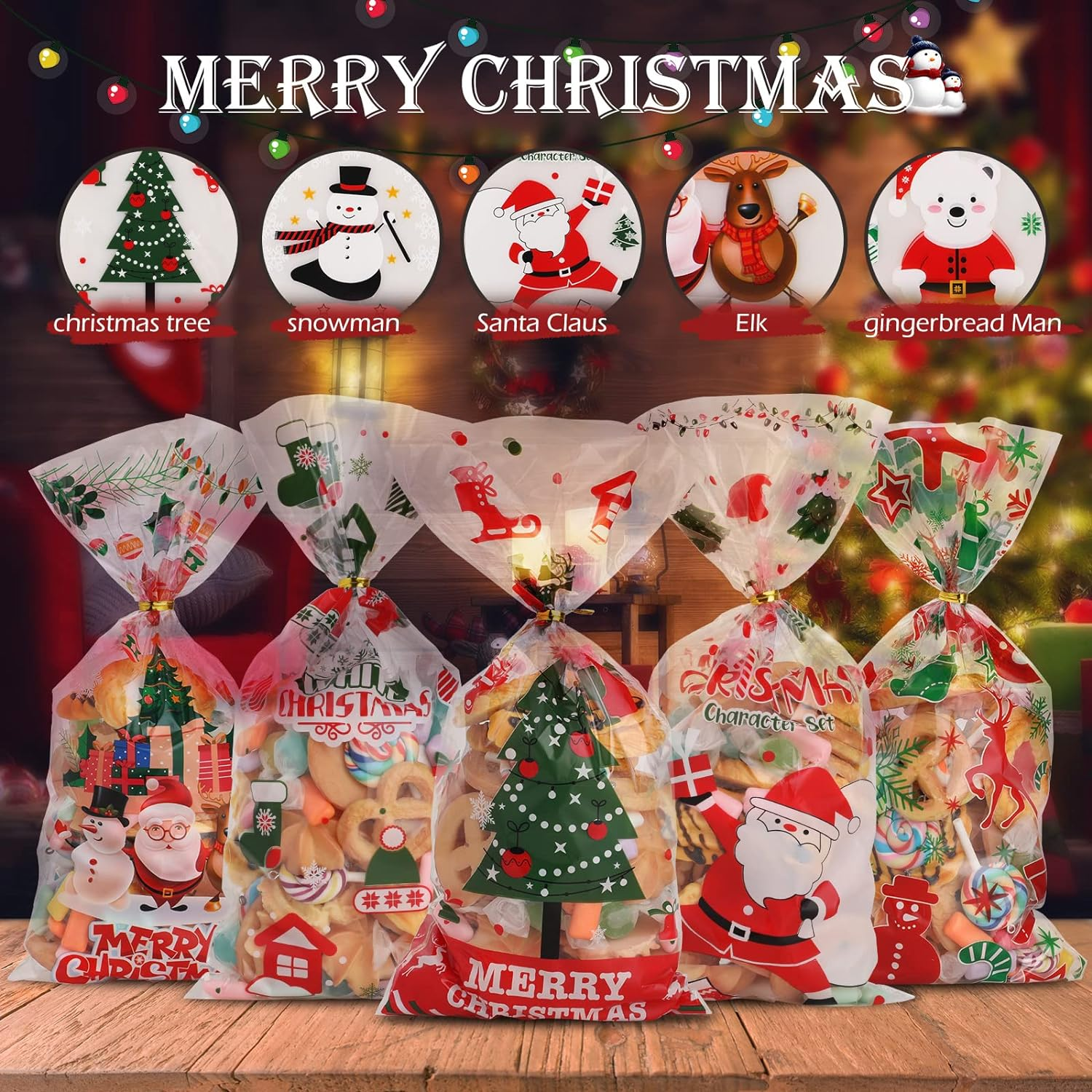 Geeric Xmas Candy Bags with Twist Tie - 100 PCS, 10 Different Designed Cellophane with Christmas Snowman, Tree, Santa Claus, Snowflake, Elk Print Pattern Cookie Bags