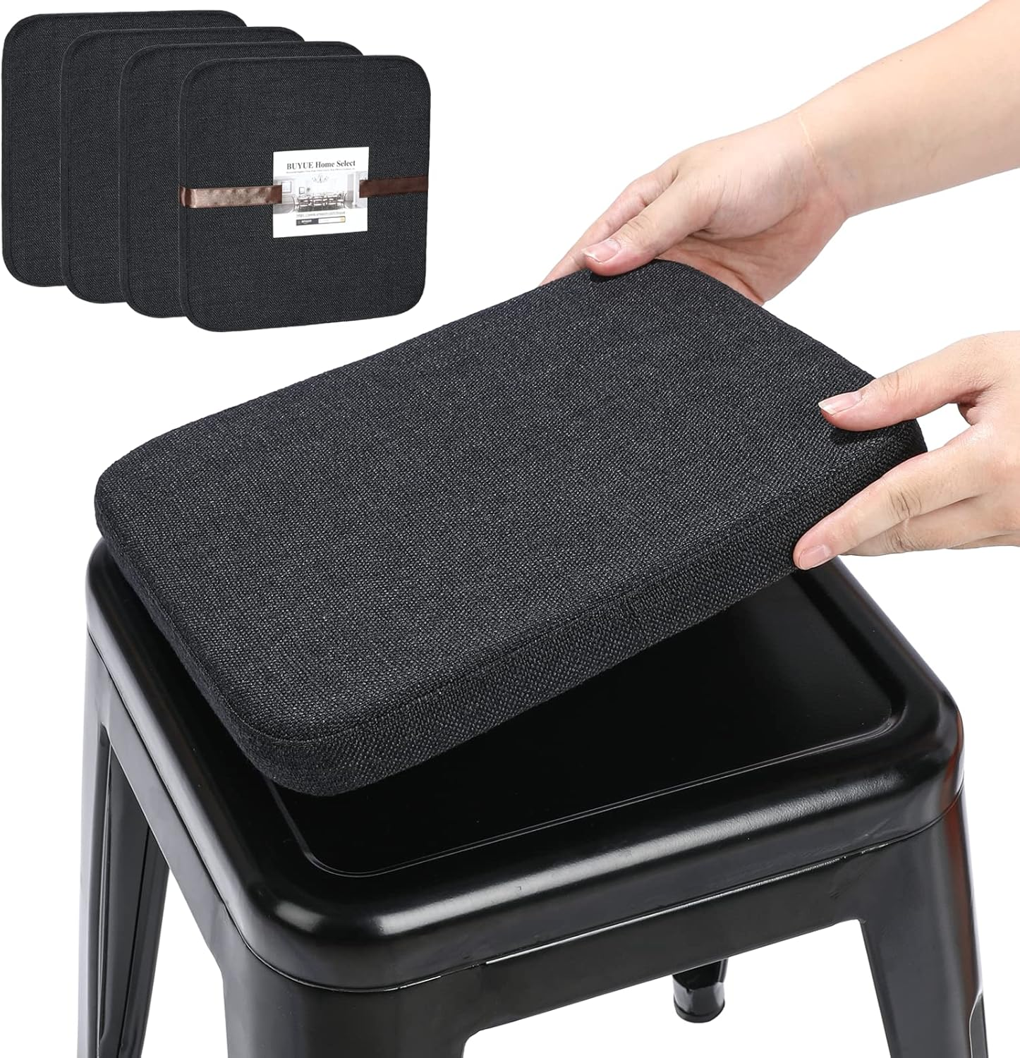 BUYUE Natural Linen Magnetic Bar Stool Cushions Set of 4, Enhanced Anti-Slip Breathable Small Chair Seat Pads for Caf&eacute; Bistro Stackable Metal Stools (Square, Black, 4 Counts)