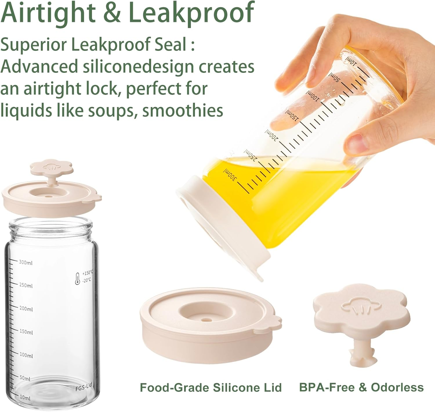 Overnight Oats Containers with Silicone Airtight Lids - 2-Pack 10Oz Wide Mouth Mason Salad Jars, Airtight Glass Containers/Meal Prep Jars for Juice, Chia, Pudding, Yogurt, Cereal, Sugar,Snack. - 2, Pink And Beige image number 2