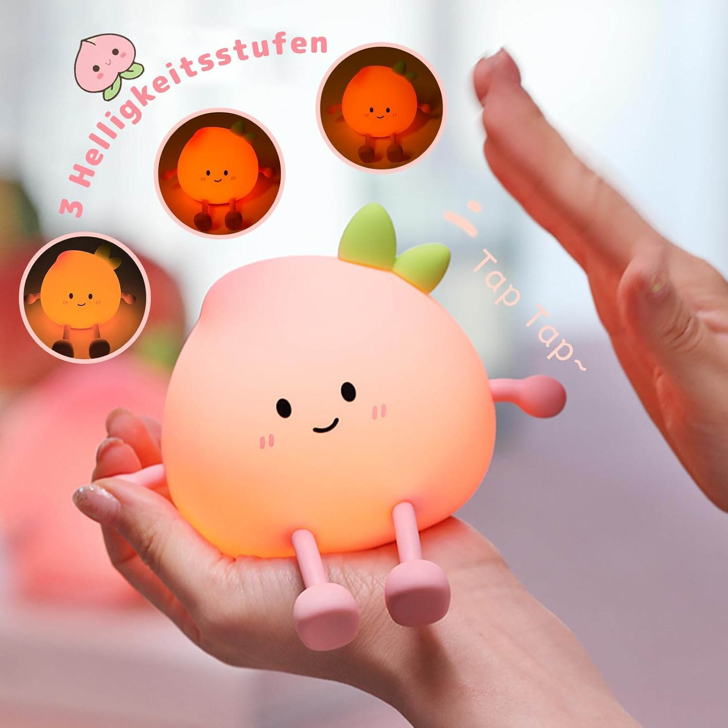 AVEKI Peach Night Light for Kids - Cute Silicone Snooze Lamp with 7 Colours & 3 Brightness Levels Warm Light, Rechargeable, Touch Sensitive, Baby Night Light Gift - Warm image number 3