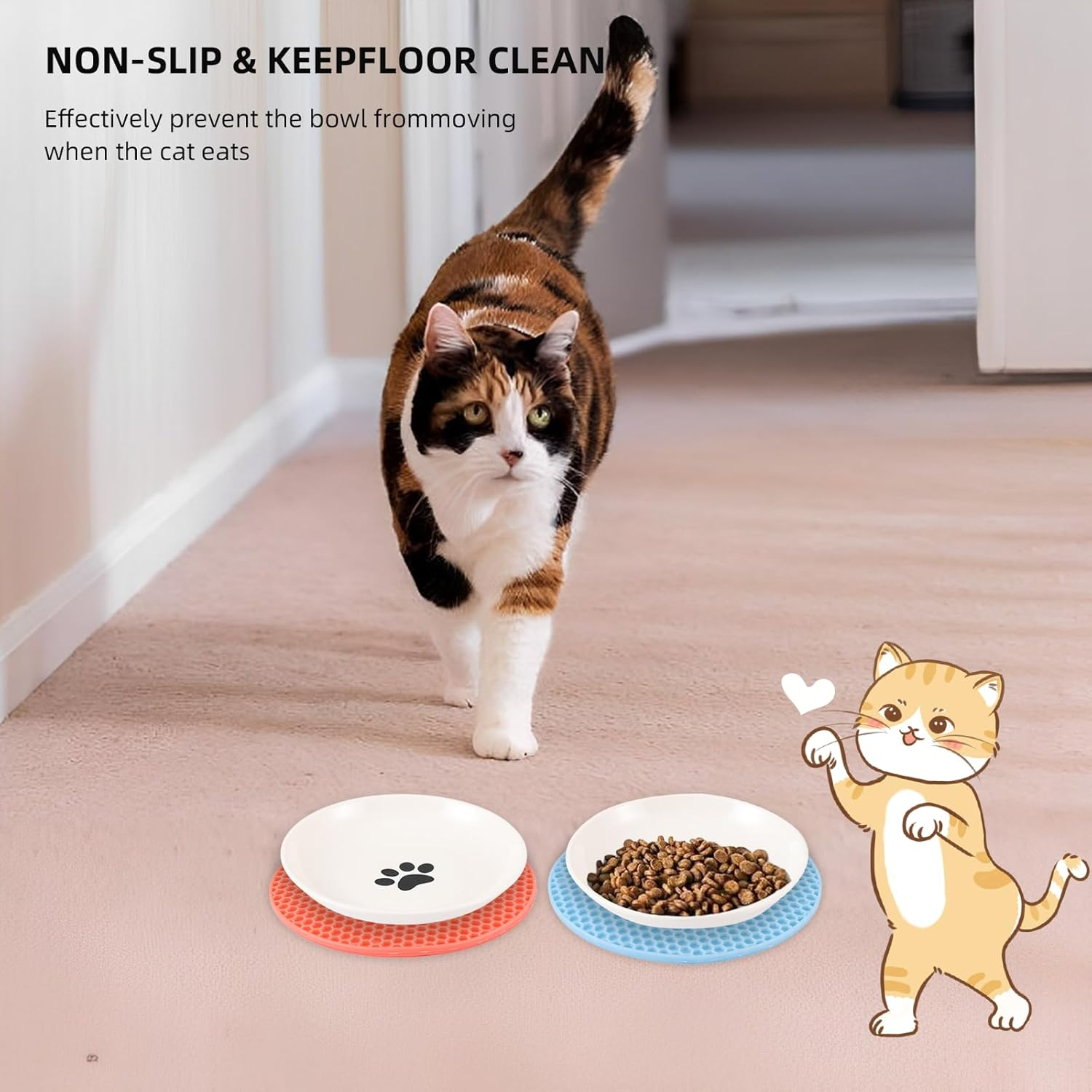 Cat Bowl, 1 Piece Ceramic Feeding Bowl with 1 Non-Slip Mat, Cat Bowl Set, Kitten Feeding Bowl, Wide and Flat Pet Feeding Bowl or Plate for Cats and Small Dogs - Fish Bones + Footprints image number 4