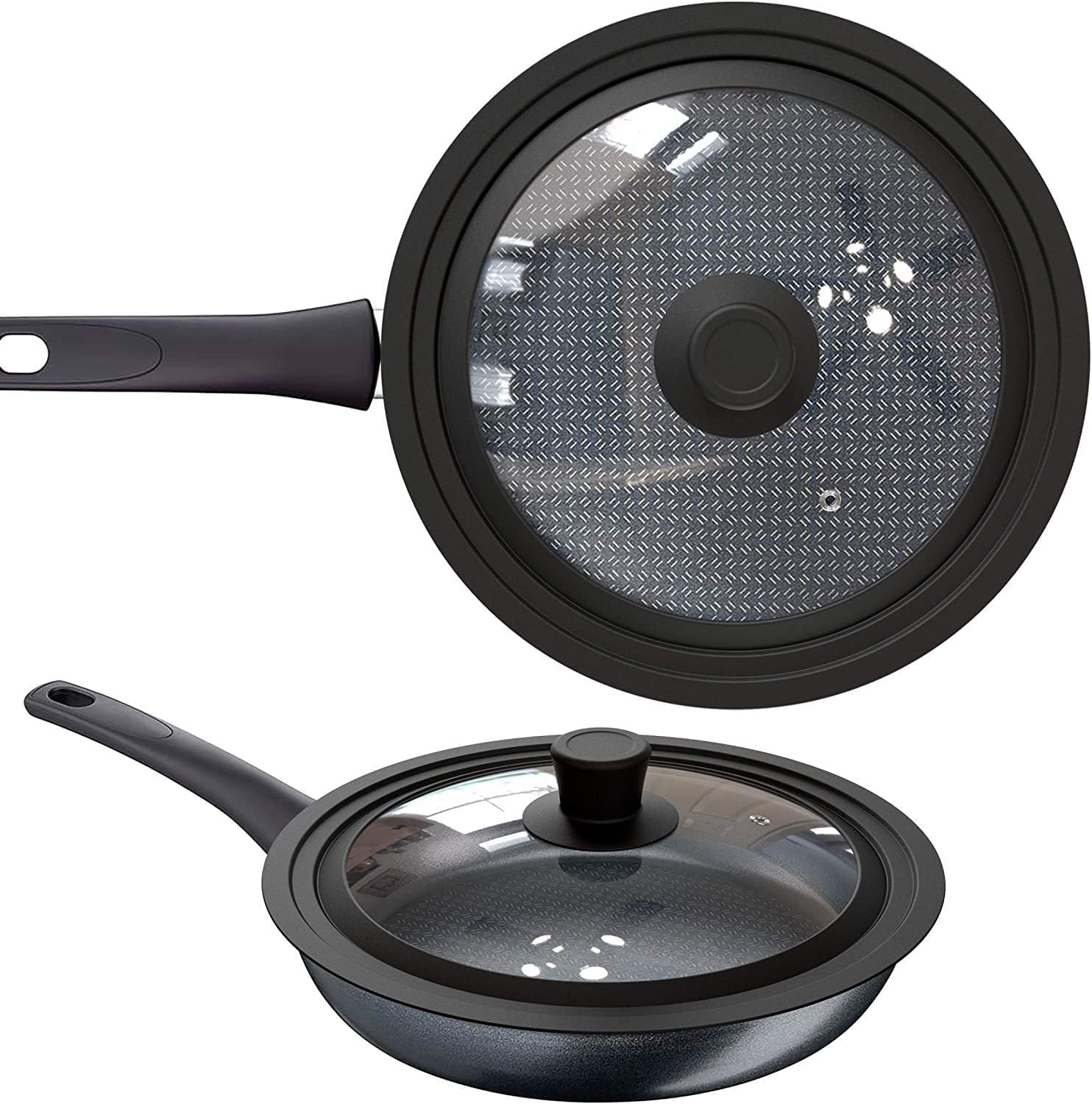 Bytebliss Universal Lid (Set of 2) - Silicone Ring for 16/18/20 Cm and 24/26/28 Cm Diameter Pots and Pans, Space Saving, Graduated Edge Design, Steam Hole Glass Lids, Dishwasher Safe image number 6