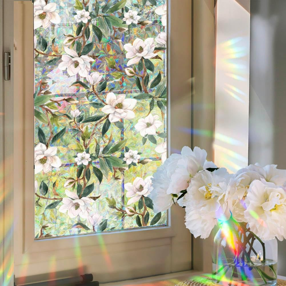 JOONOR Retro Gardenia Flowers Window Privacy Film,Gardenia Stained Glass Window Tint for Home,3D Rainbow Static Cling Sticker for Bathroom Living Room Glass Door,16.93 X 39.37 Inch image number 3