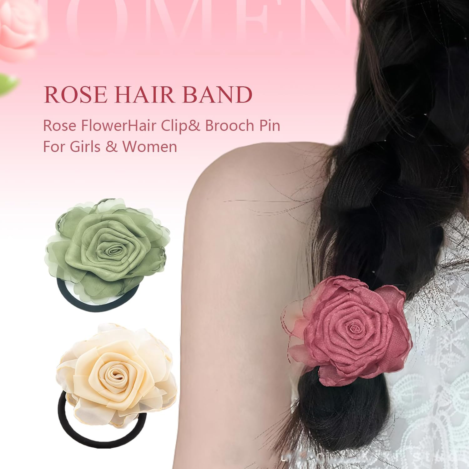 3PCS Handmade Rose Hair Ties Stretchy Floral Hair Bands Elastic Ponytail Holders for Women Girls Soft Scrunchies Hair Accessories 3 Colors image number 1