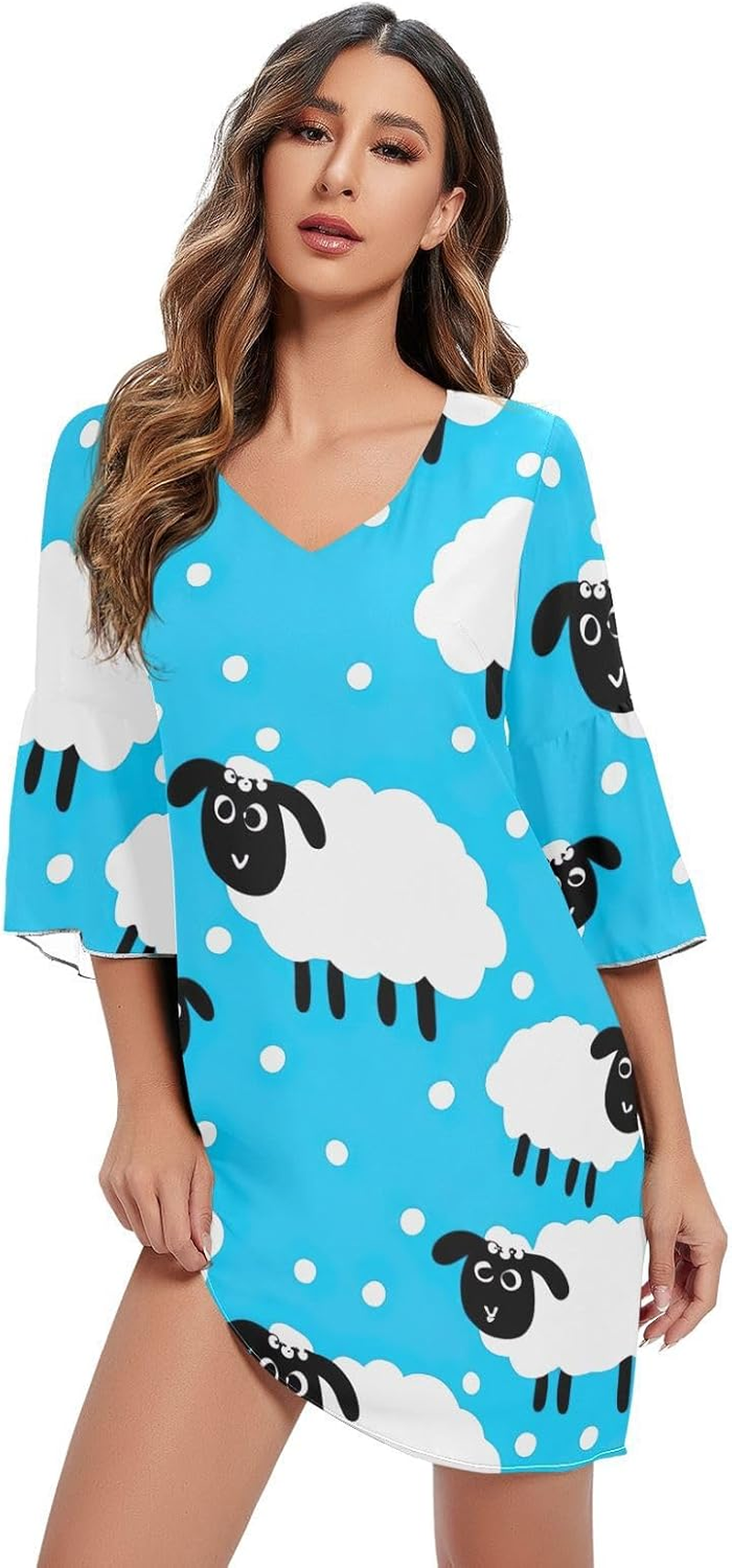 Cute White Sheep Blue Casual Chiffon Dress Printed Line Maternity Dress S-XXL image number 2