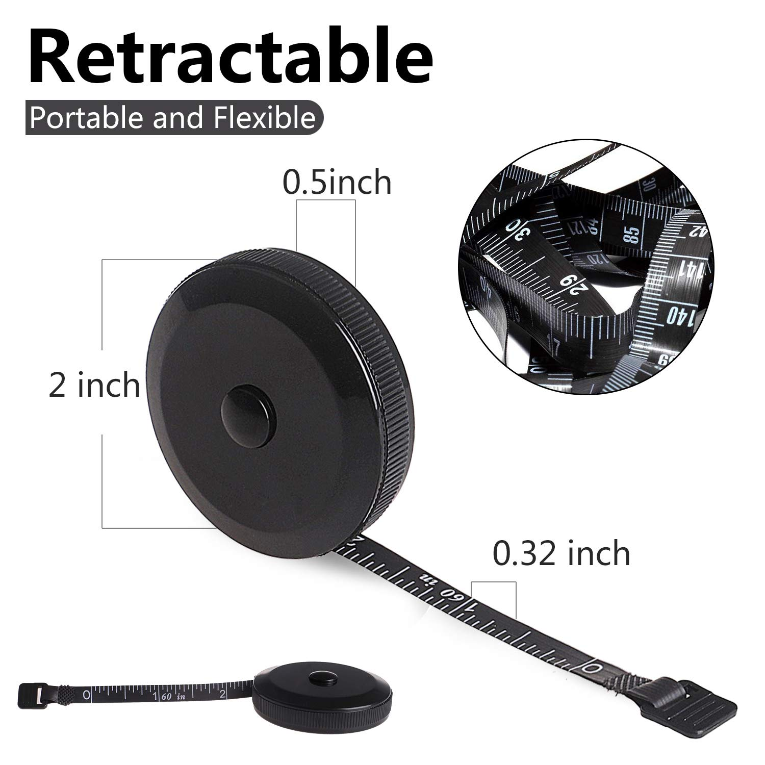 Phinus 4 Pack Retractable Tape Measure for Tailor, Sewing, Body Measurement, Black, White and Pink image number 3