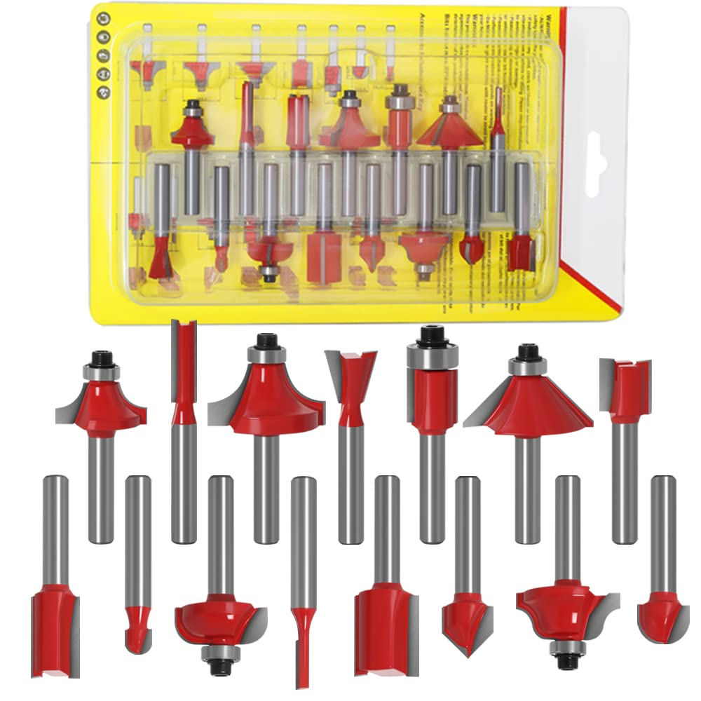 Yakamoz 15 Pieces 1/4 Inch Shank Tungsten Carbide Router Bit Set Woodworking Cutter Trimming Milling Bits Tool Kit for Home Improvement and Diy丨Red image number 4