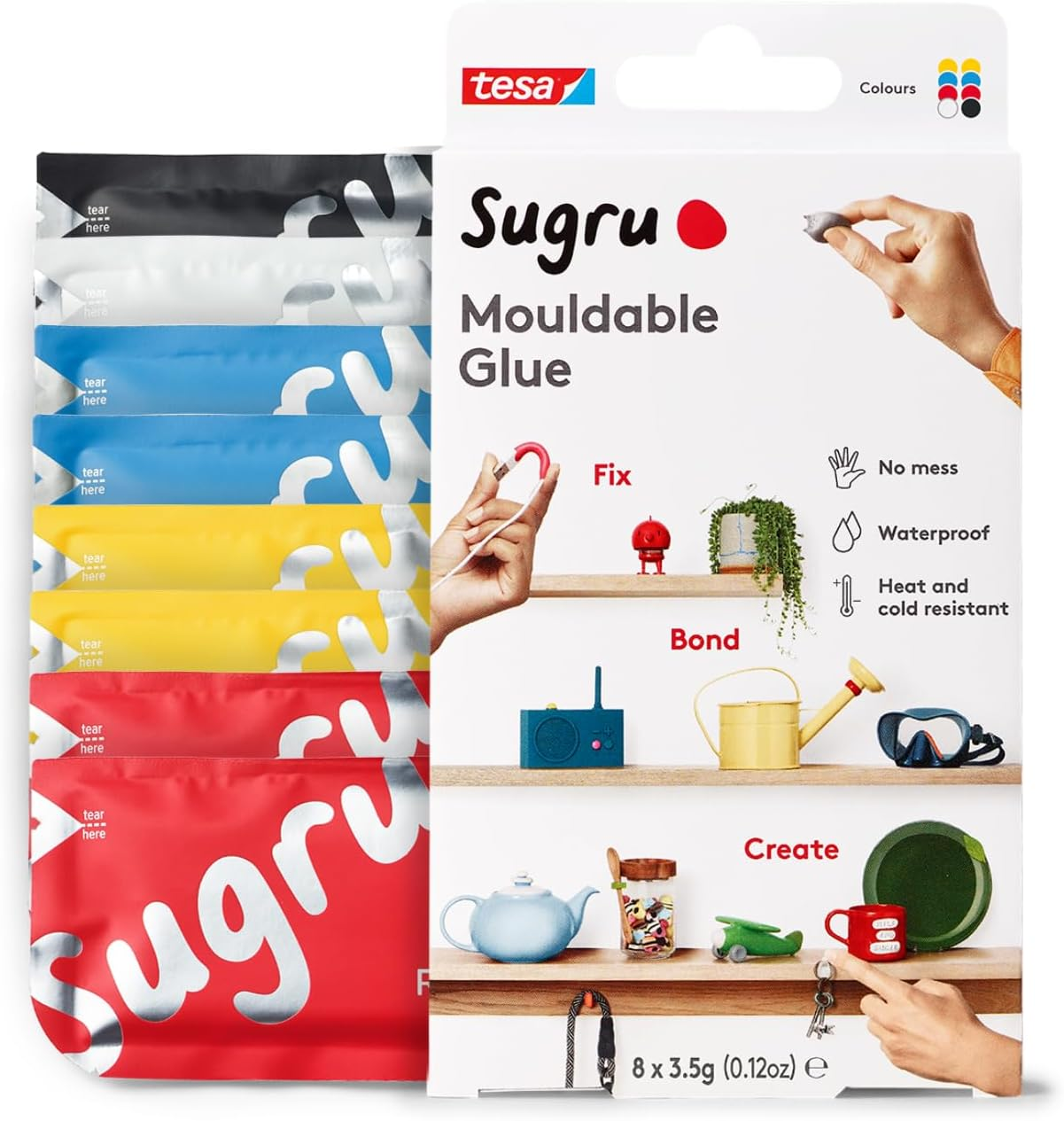 Tesa Sugru Super Glue - Waterproof Wood Glue for Home Improvement & Crafts - Use as a Poster Putty or Silicone Adhesive for Repairing & Bonding - 8 Pack - Black & White (3.5G/Ea)