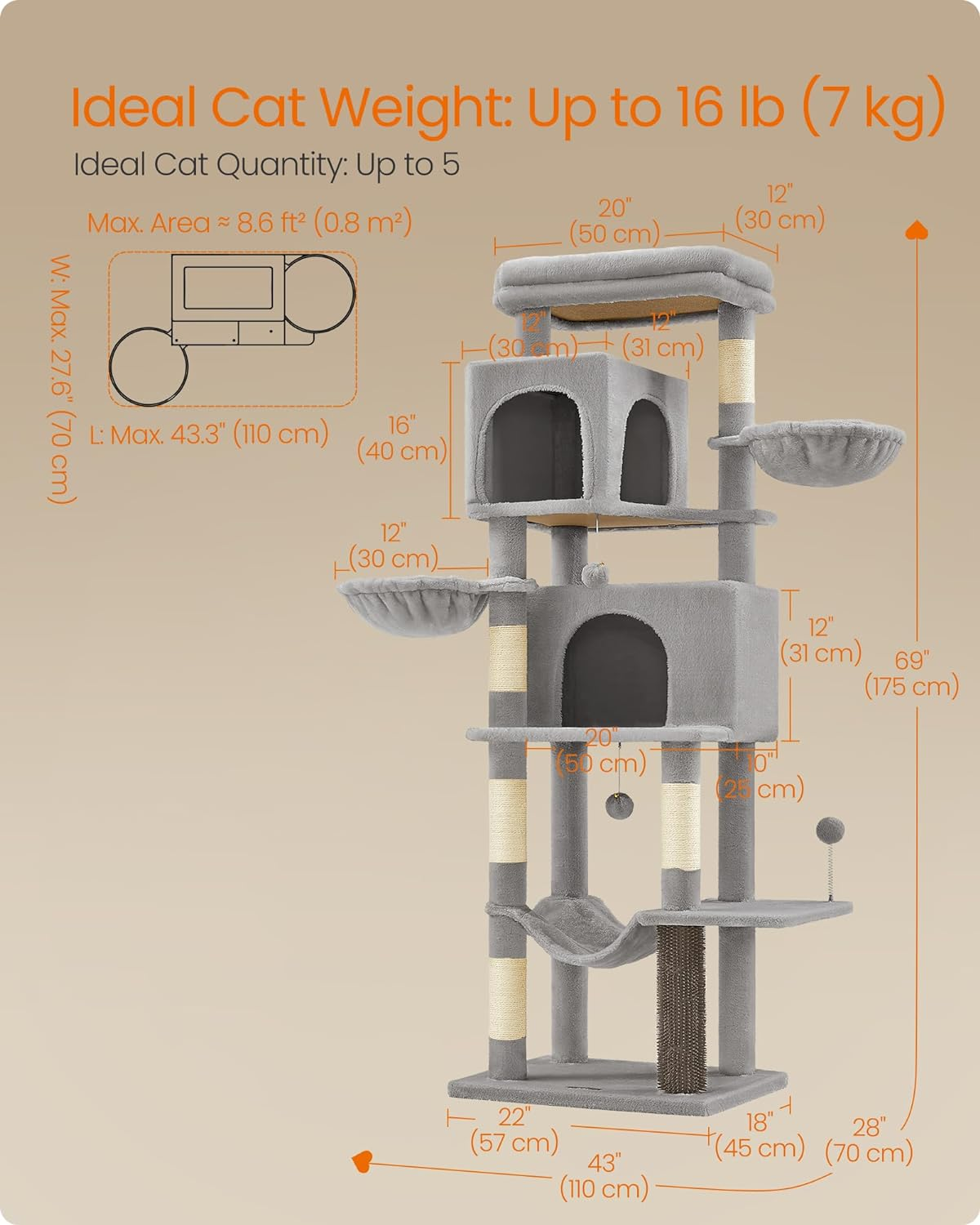 Feandrea Cat Tree, 69-Inch Tall Cat Tower for Indoor Cats, Multi-Level Cat Condo with 2 Caves, 2 Baskets, 5 Scratching Posts, Self-Groomer, Perch, Hammock, Dove Gray UPCT182G01 - Dove Gray image number 5