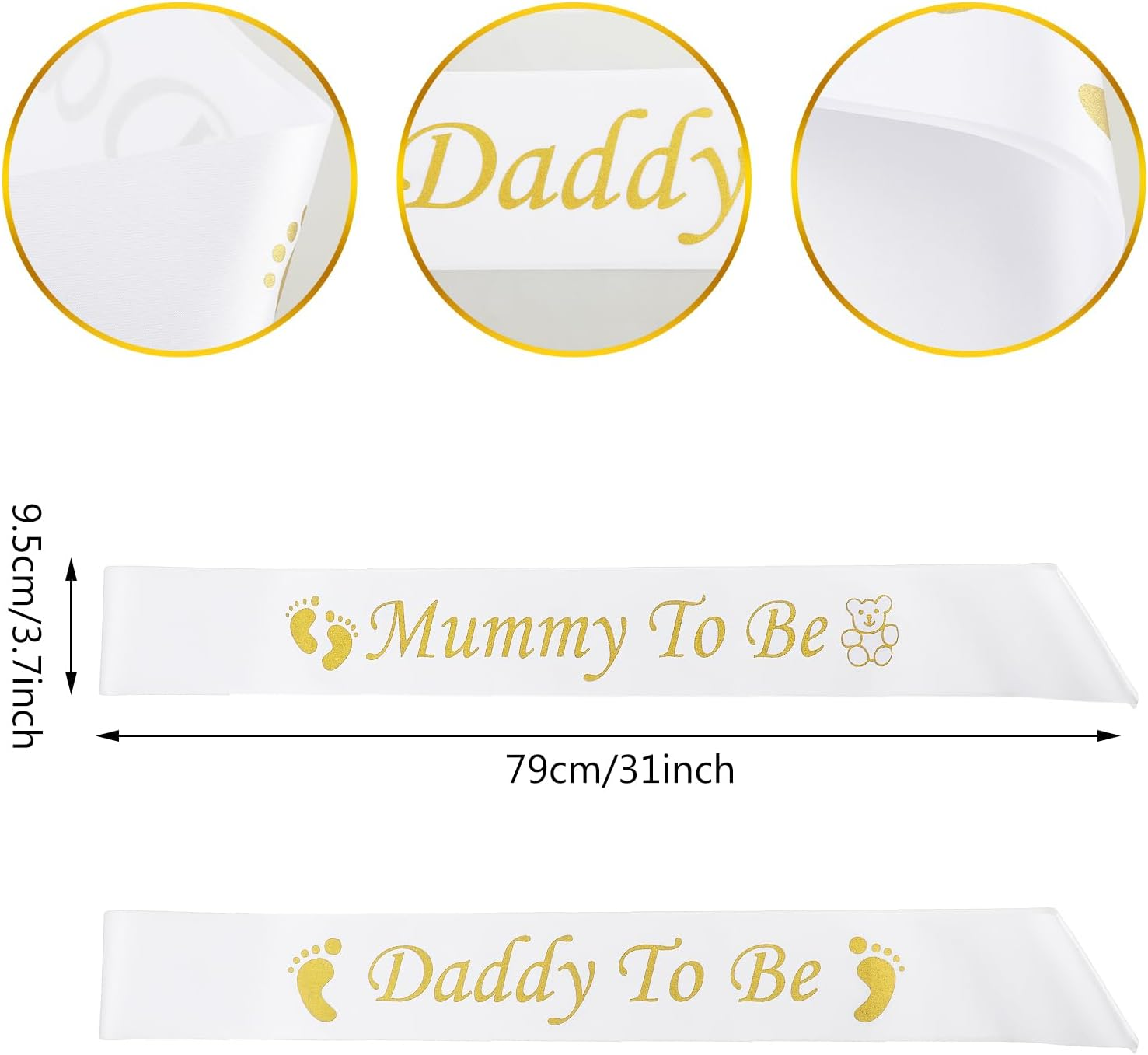 2Pcs Mummy to Be Sash Daddy to Be Sash Gold and White Mummy and Daddy to Be Sash Silky Baby Shower Sash Party Decoration for Mum Dad Family(79 X 9.5Cm) image number 6