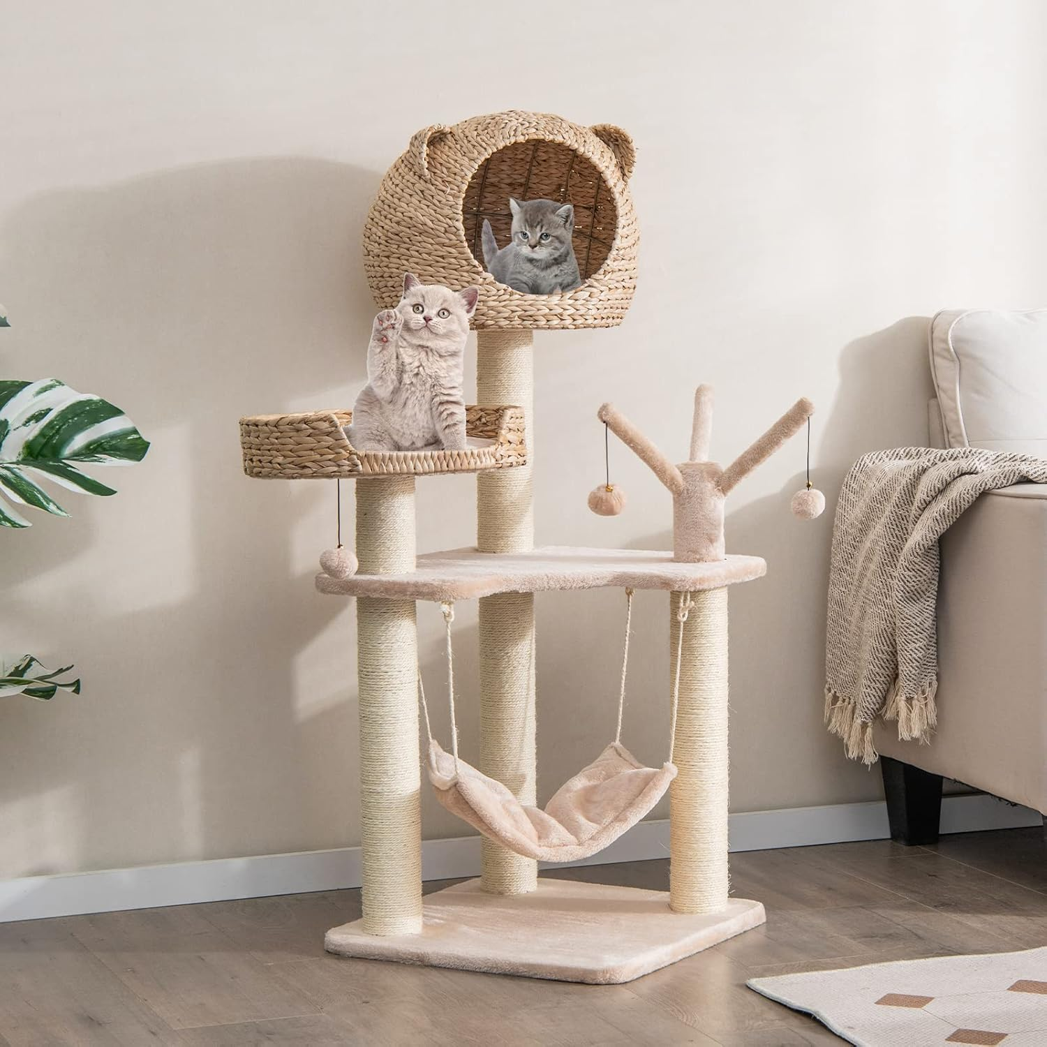 Giantex Wooden Cat Tree, 48 Inches Cat Tower with Cattail Condo, Cat Bed, Hammock, Rotatable Jingling Balls, Natural Sisal Scratching Posts, Removable Cushion, Multi-Level Kitten Activity Center image number 3