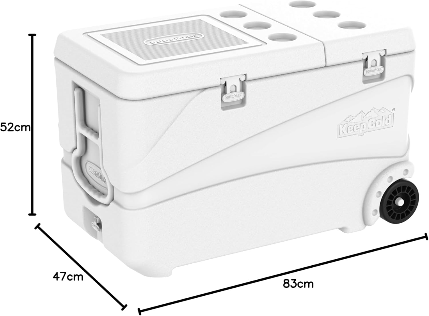 Duramax Deluxe Icebox 102, High Performance Cool Box with PU Insulation, 6 Days of Ice Retention, Icebox with Wheels & Handles for Easy Mobility, Cup Holders on Lid, Durable Cool Box, Ice Chest, White image number 3