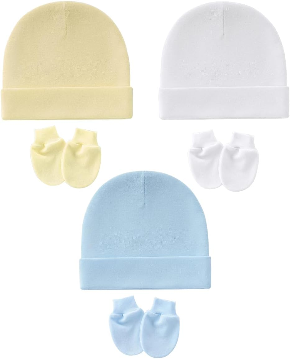 Cotton Newborn Hospital Hat Baby Hat and anti Scratch Mittens Set for 0-3 Months Newborn Baby Boys Girls Essentials Bonnet Infant Beanie Caps and Gloves 6Pcs image number 4