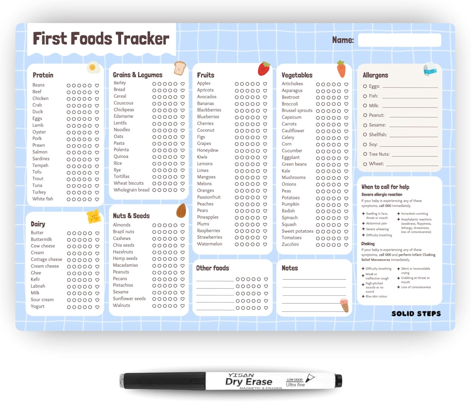 Solid Steps Baby First Foods & Allergens A3 Fridge Magnet &ndash; Whiteboard Tracker, Weaning Chart, Daily Food Log & Checklist &ndash; 130+ Solid Foods & Top 9 Allergens