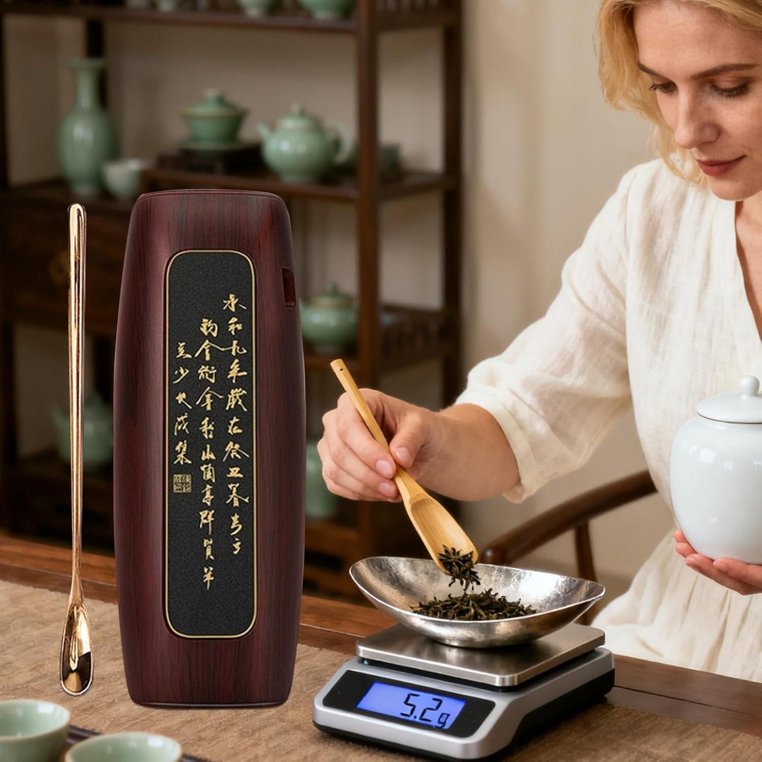 Loose Leaf Tea Scale | Rechargeable Gram Scale 0.1G Precision | 500G Weighing Tool Tea Coffee Measuring Device for Lounge Store Office Household Baking Home - Black Walnut image number 3