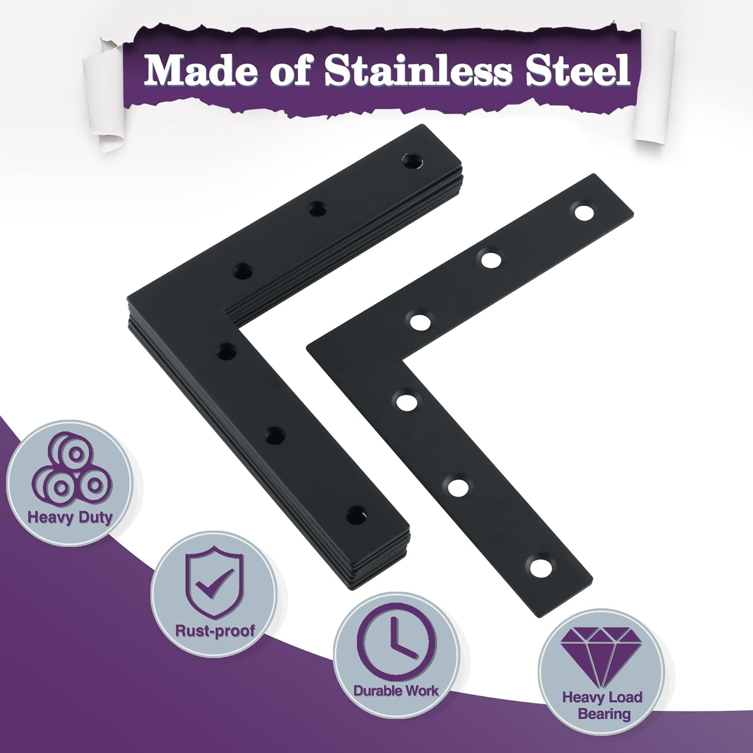 Alise L Flat Brackets,Corner Bracket Black Corner Brace Mending Plate Repair 120Mm X 120Mm Stainless Steel Flat Braces for Wood Tables, Chairs, Sofas, Beds, Cabinets, Doors and Windows,Pack of 8 image number 3