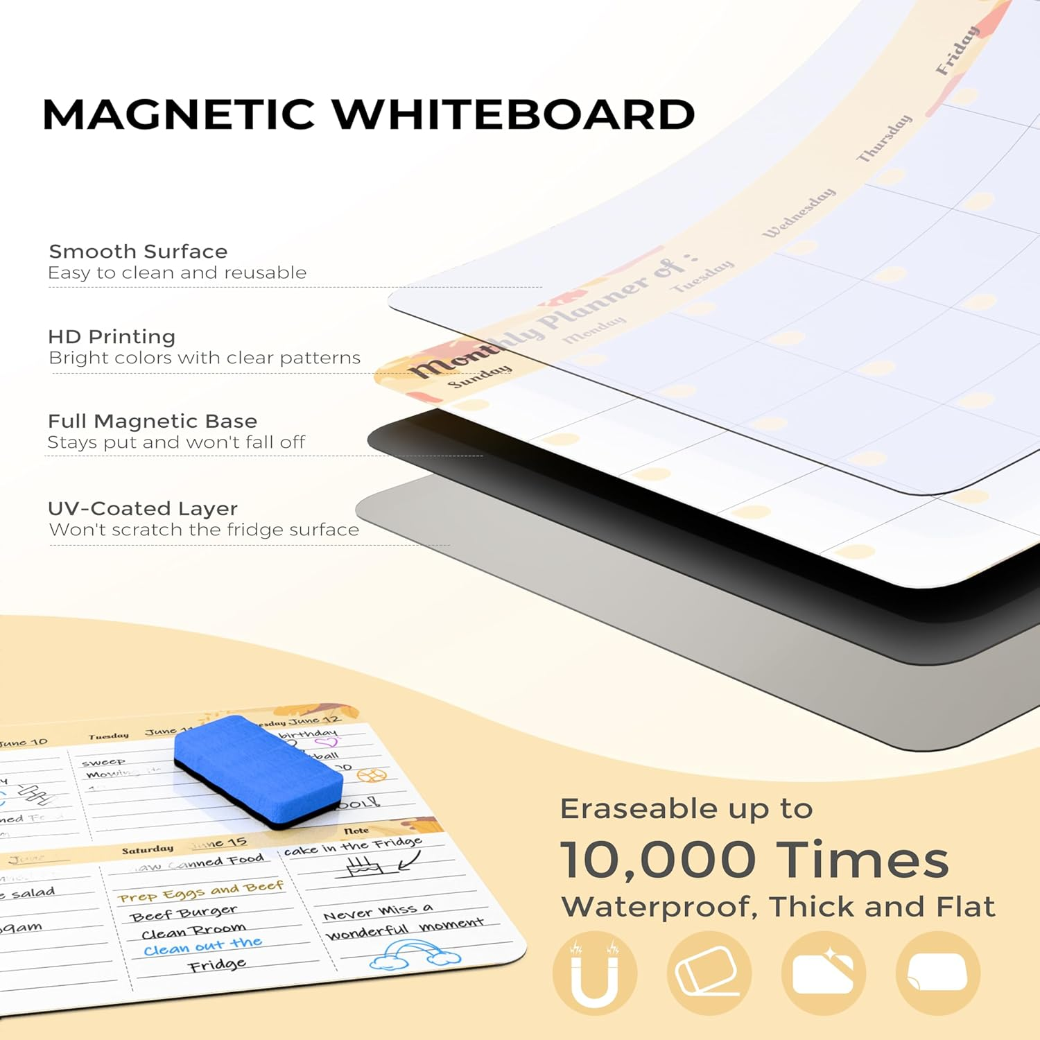 Refrigerator Calendar Magnetic, 16.3X11.7&rdquo; (4-Pack) &ndash; Weekly & Monthly Planner, Chore Chart, Grocery/To-Do List for Fridge, Includes 8 Markers, 6 Magnets & 1 Eraser for Kitchen, Yellow - Yellow image number 2