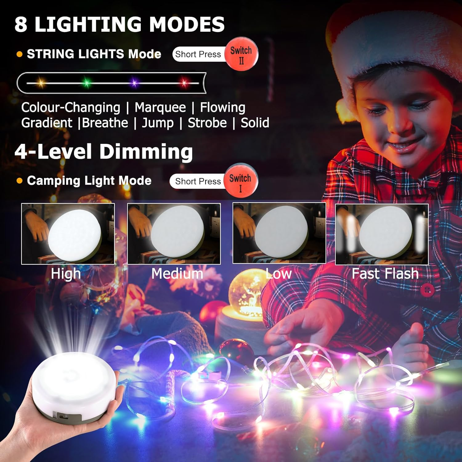 Camping String Lights,4 in 1 Rechargeable Outdoor Waterproof Camper String Lights Reel with 19 Lighting Modes,Usb Charging Camping Lights,Portable Stowable RGB Retractable for Yard - 8M image number 2