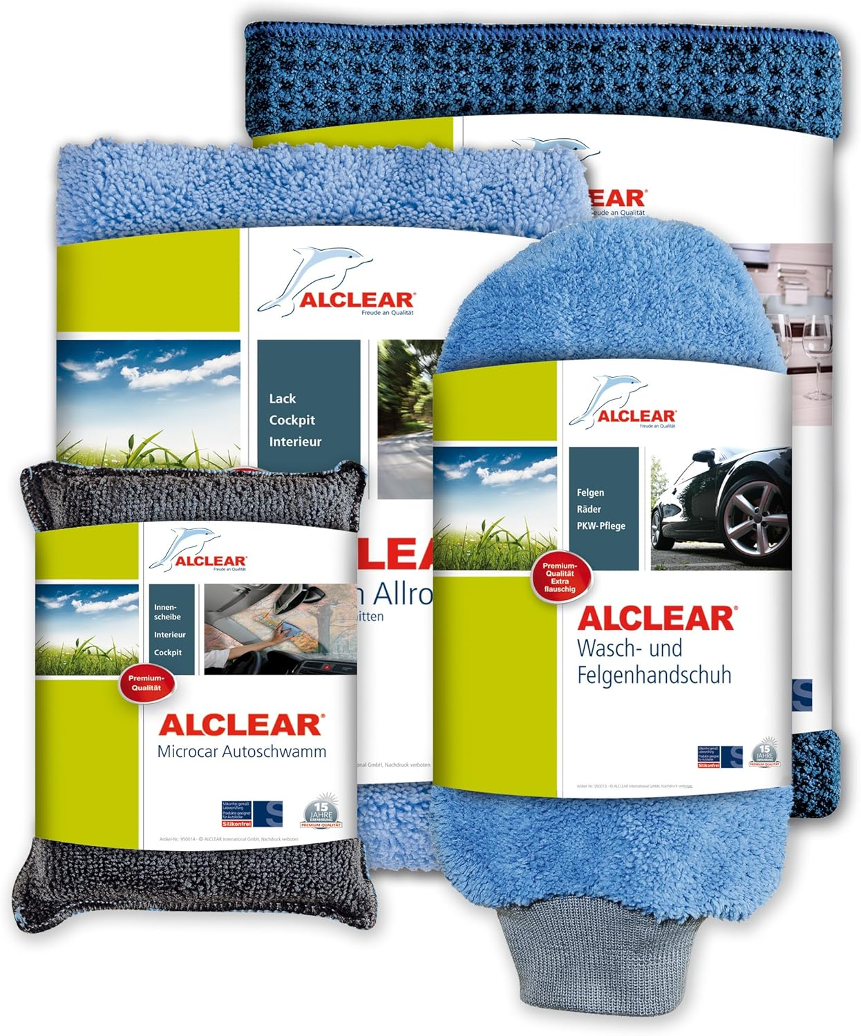 ALCLEAR 8201000 Professional Car Care Set 4 Pieces Dry Cloth/S-Sided Allrounder Cloth/Wash Cloth Glove/Micro Car Sponge