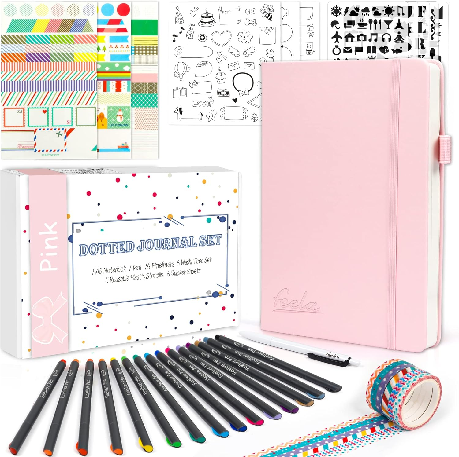 Feela Dotted Journal Kit, Dot Grid Hardcover Journal Notebook Set with Fineliners Stencils Stickers Washi Tapes for Beginners Women Girls Journaling Note Taking Planner Making, A5, 224 Pages, Pink image number 6