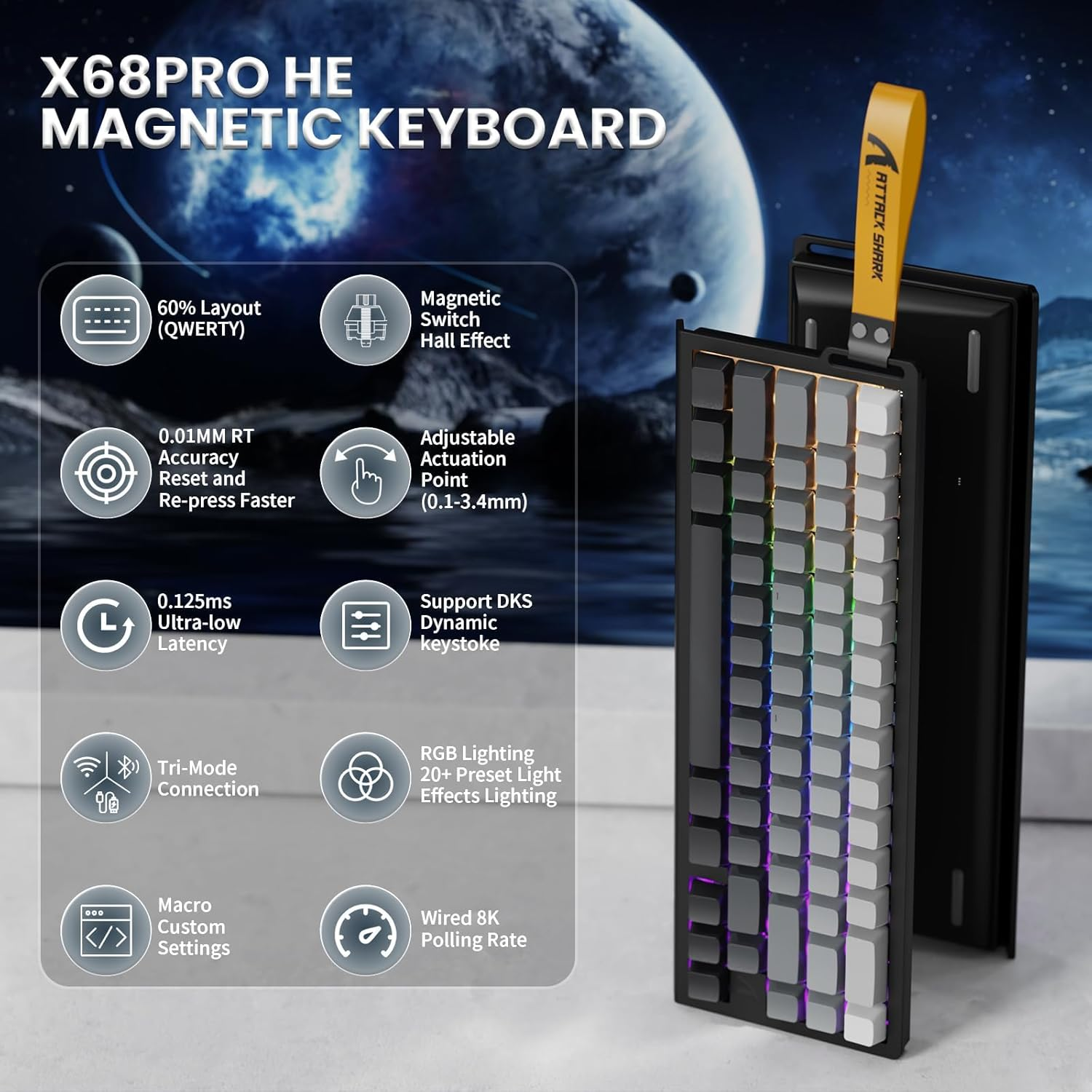 MAMBASNAKE X68 PRO HE Magnetic Gaming Keyboard, 60% Wireless Mechanical Keyboard with Tri-Mode Connection, Rapid Trigger Hall Effect Switches, 8Khz Polling, Low Latency for FPS MOBA Rts-Moonlit Night - Black Red image number 4